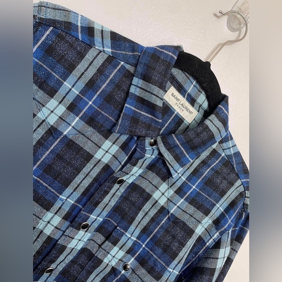 Saint Laurent Blue Paid Glitter Flannel - Picture 2 of 6